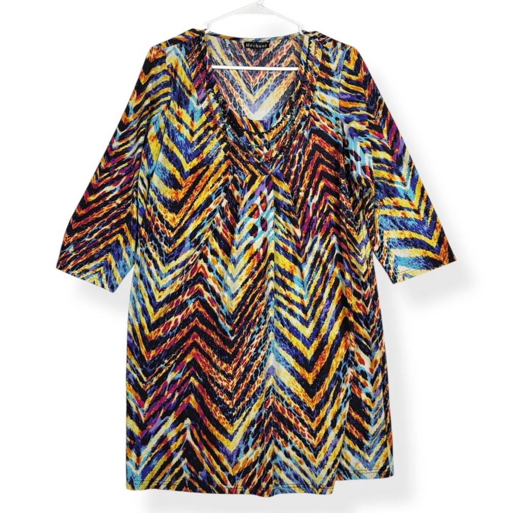 Mechant Dress Womens L Large Multicolor Zig Zag 3/4 Sleeves Stretch‎ Knee Length